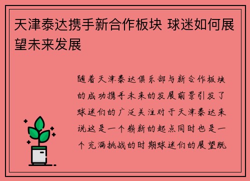 天津泰达携手新合作板块 球迷如何展望未来发展